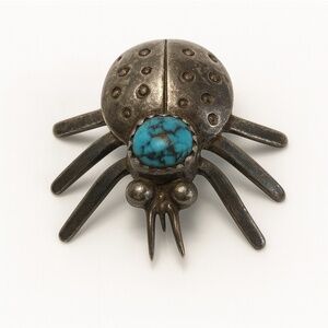 VINTAGE Native Southwest Sterling Silver Turquoise Ladybug Insect Brooch Pin EUC